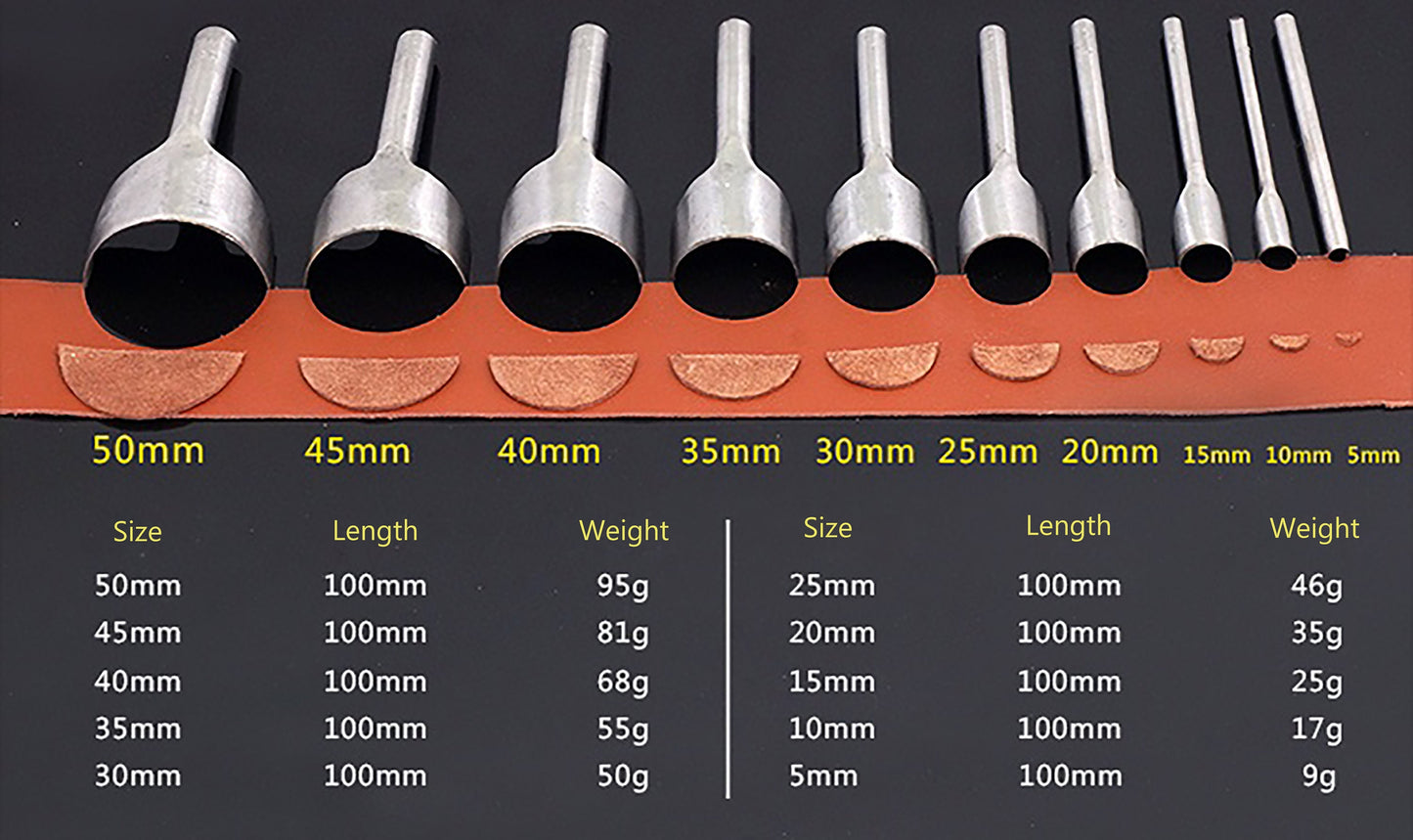 10 Size 5-50mm Leather Craft Tools Belt Strap Wallet End Punch For C shape Shallow circular cut a quarter circle round punch