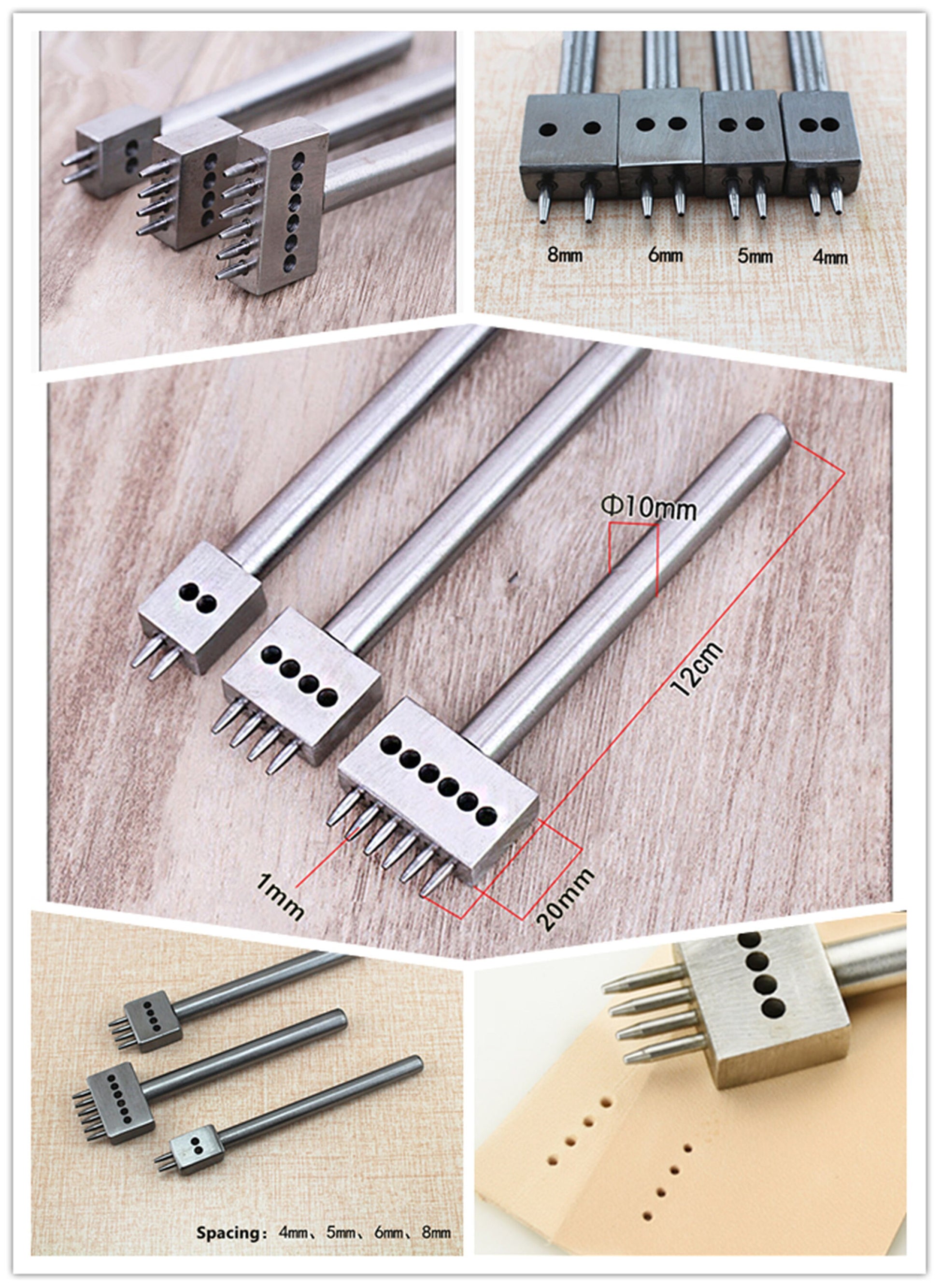 Full Set leather Craft - 4/5/6/8mm Spacing hole Stitch Punch - 5 Stitching Prong Punch Round Holes / Leather Chisel Craft Tool