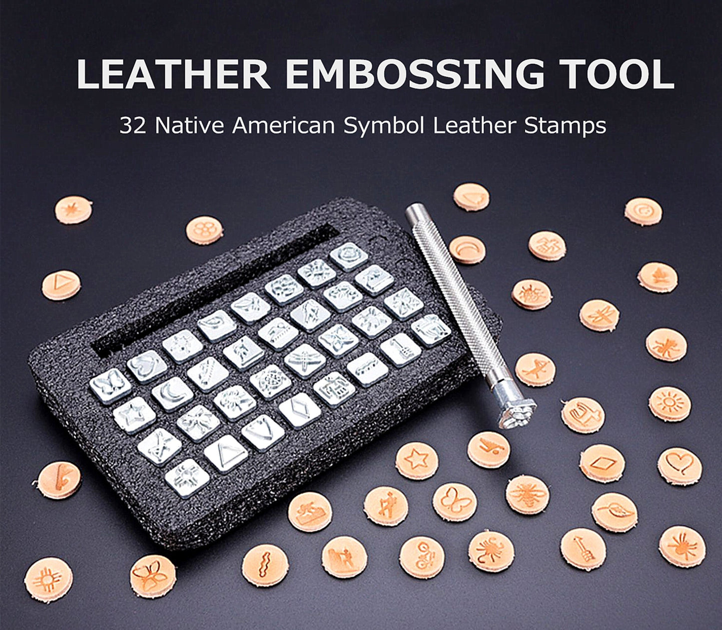 32pcs Basic Native American Symbol Leather Stamping Tools with Leather Hammer, Leather Stamps ,Punch Leather Working Tools, Art Stamp Set