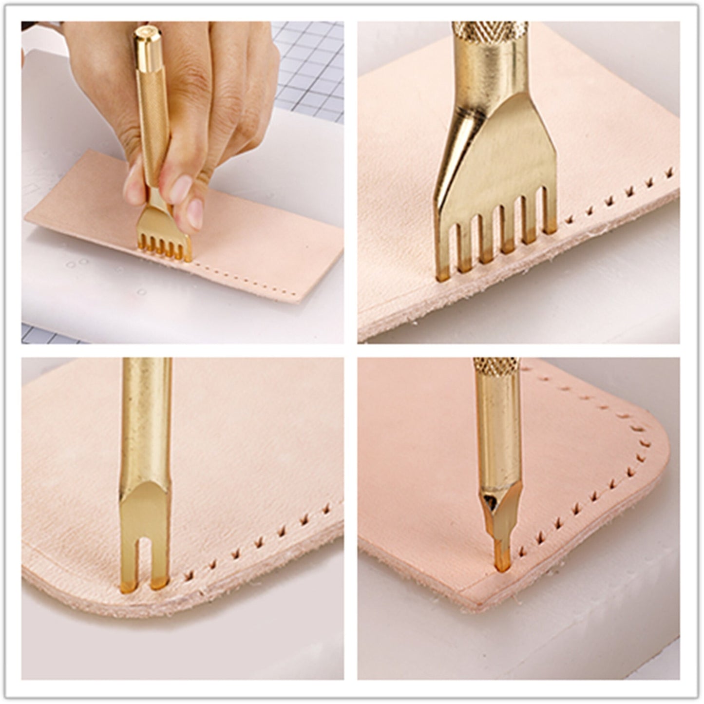 Gold Color 4 Style Leather Craft Hole Punch Tools Kit Convenient Diamond Point Chisel Leather Tools1,2,4, 6 Teeth Spacing Leather Tools