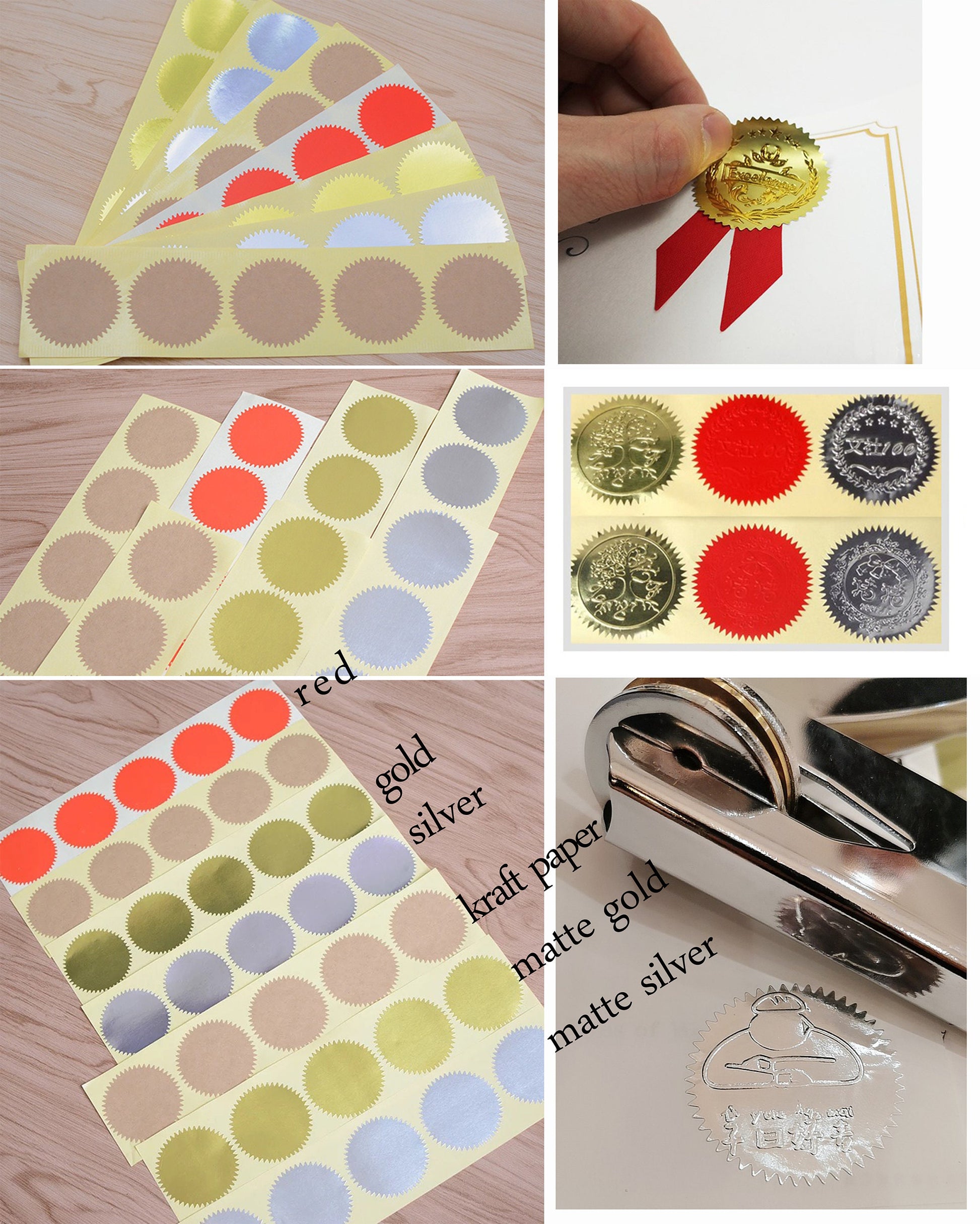 100pcs 45mm/50mm Red Silver Golden Kraft Paper Color Optional Gear Shape Steel Stamp Sticker Embossing Seal Labels Embosser,Embosser stamps