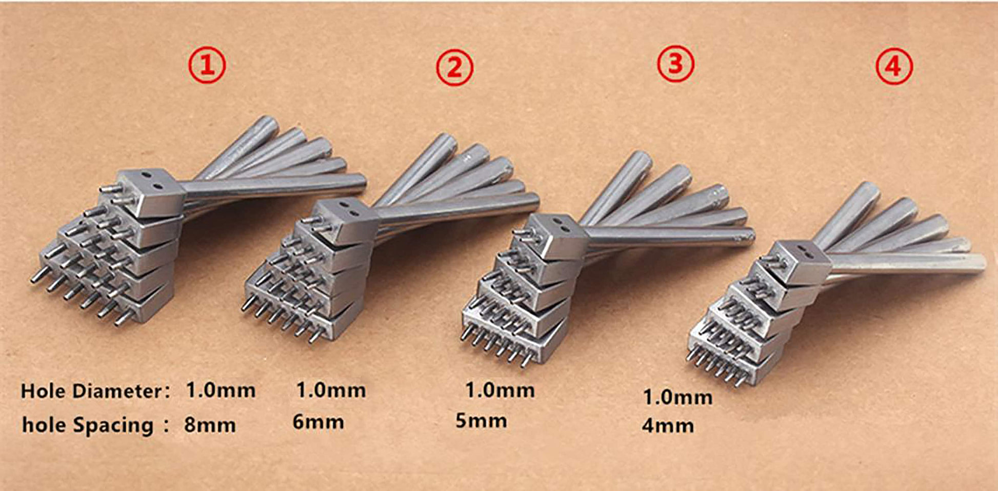 Full Set leather Craft - 4/5/6/8mm Spacing hole Stitch Punch - 5 Stitching Prong Punch Round Holes / Leather Chisel Craft Tool